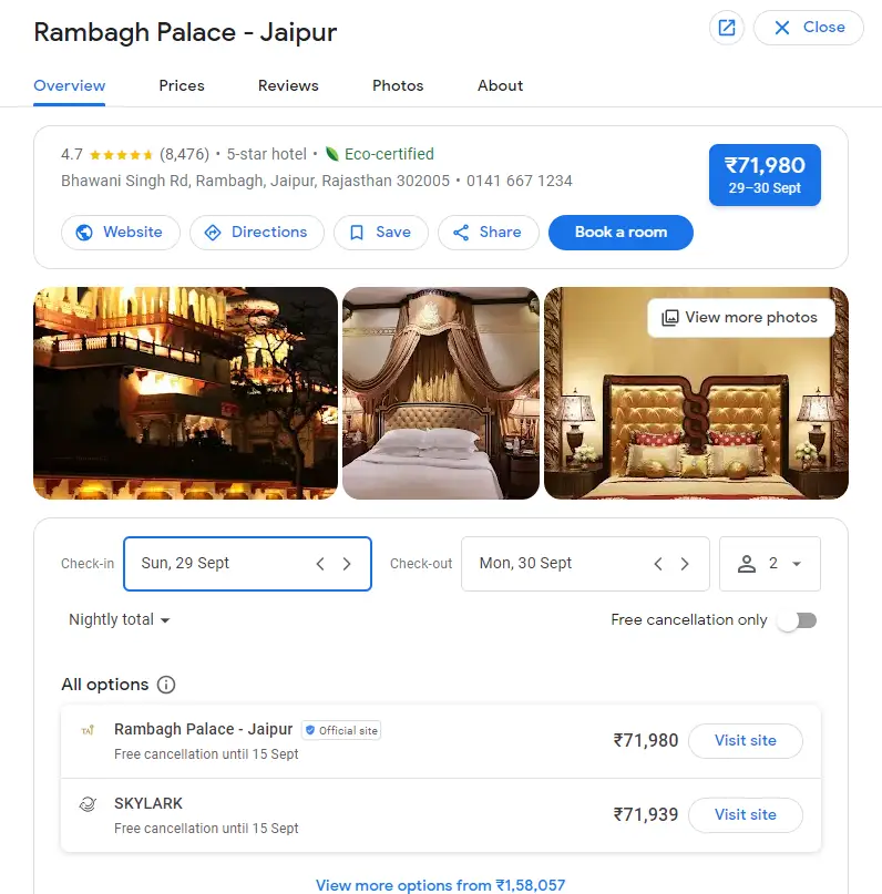 Google Business Profile of a hotel in India