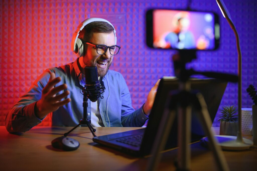 streamer is streaming online content,metaverse ar vr,gaming and esports concept